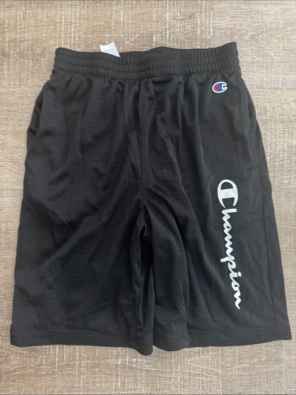 Champion Black Mesh Shorts with White Script Logo